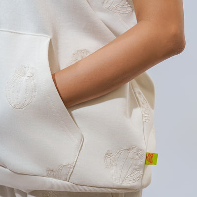 Malle Cactus Embroidered Ecru Muscle Hoodie