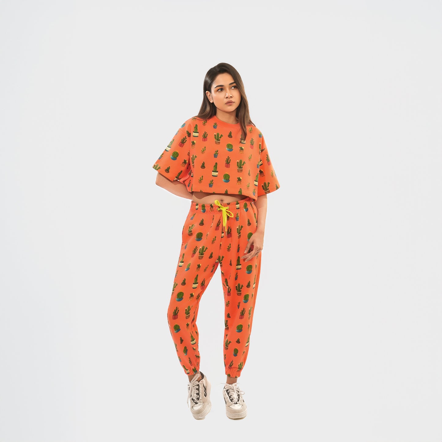 Malle Allover Cactus Tangerine Cropped T-Shirt
