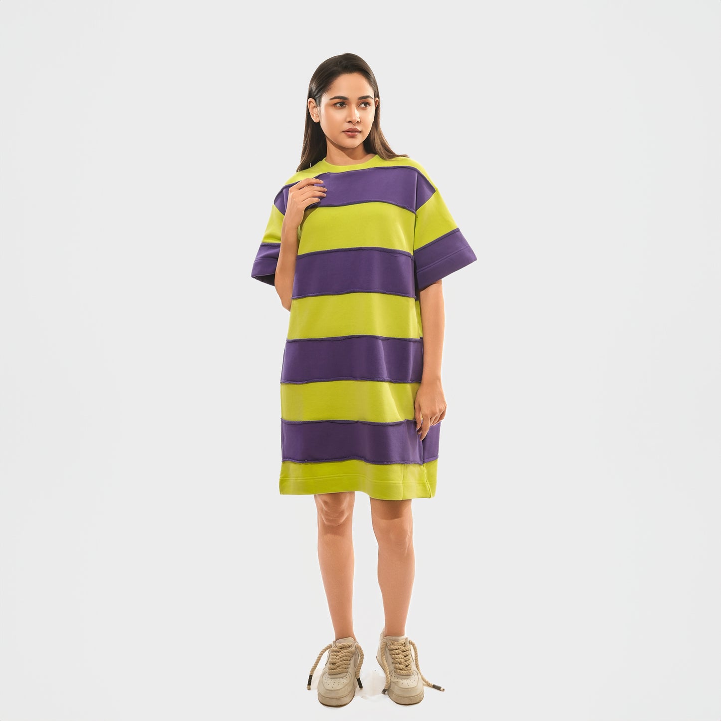 Malle Women's Stripe Print T-Shirt Dress-Purple and Lime