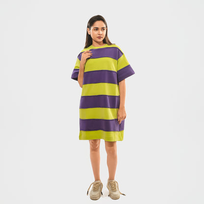 Malle Women's Stripe Print T-Shirt Dress-Purple and Lime