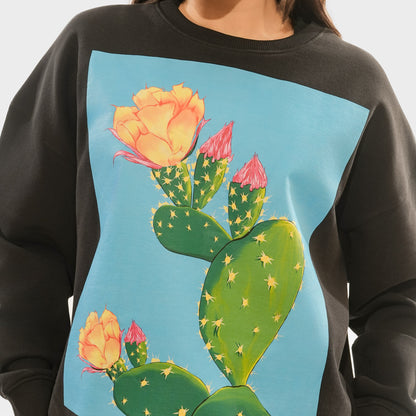 Malle Illustrated Cactus Flower Black Sweatshirt