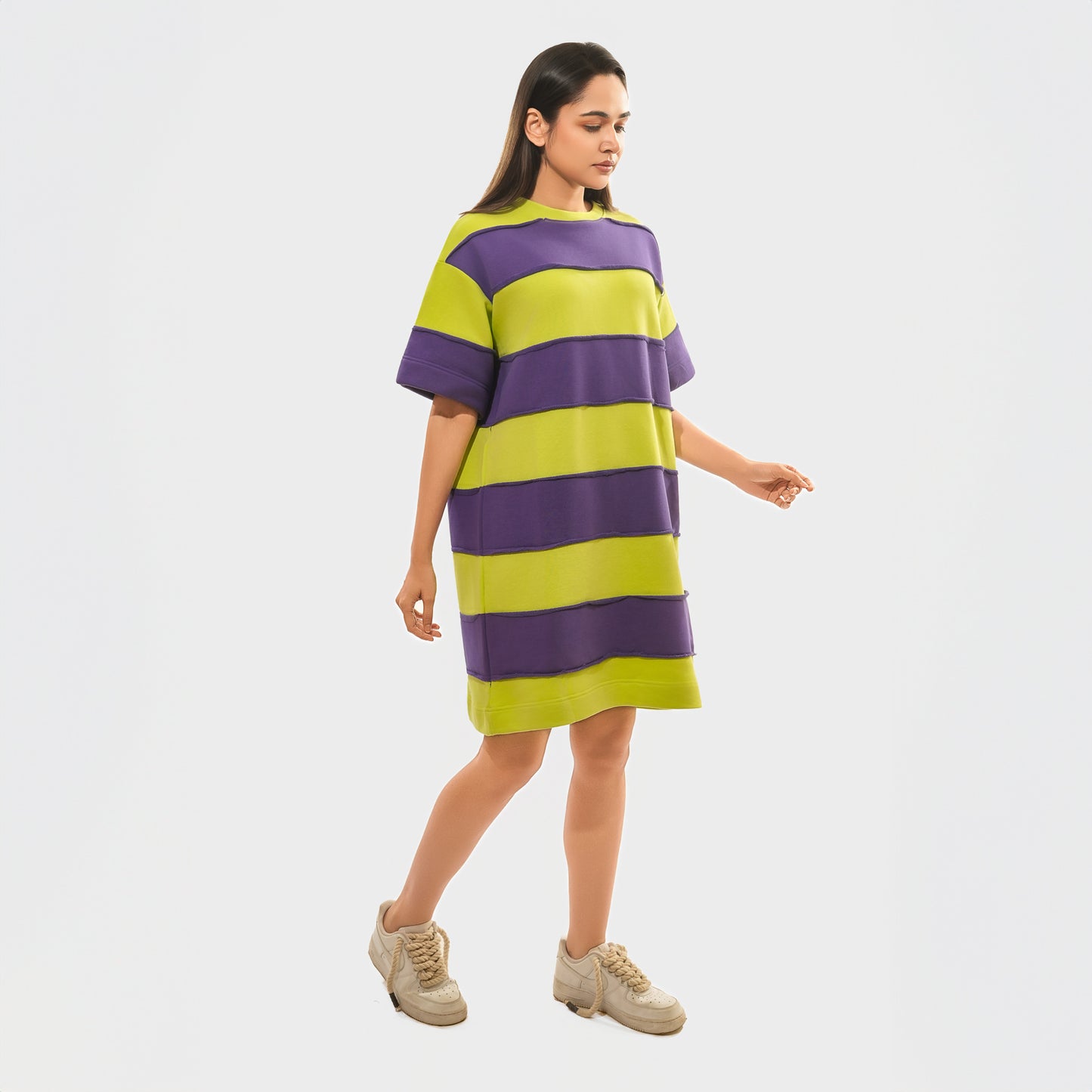 Malle Women's Stripe Print T-Shirt Dress-Purple and Lime