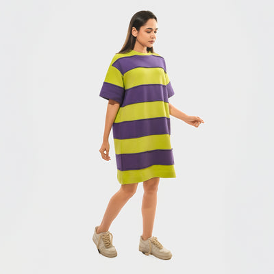 Malle Women's Stripe Print T-Shirt Dress-Purple and Lime