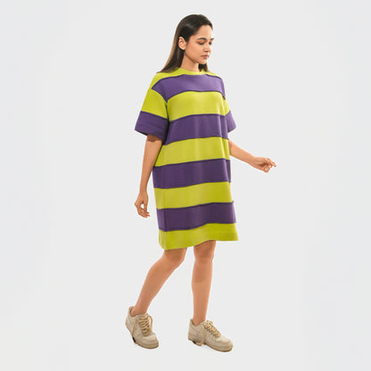 Malle Women's Stripe Print T-Shirt Dress-Purple and Lime