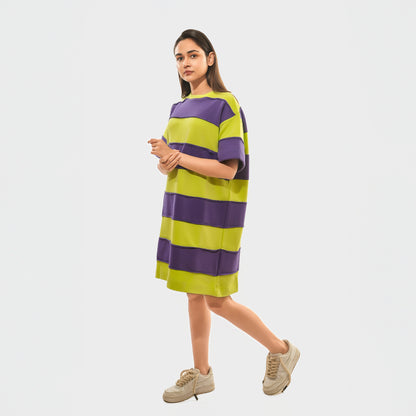 Malle Women's Stripe Print T-Shirt Dress-Purple and Lime