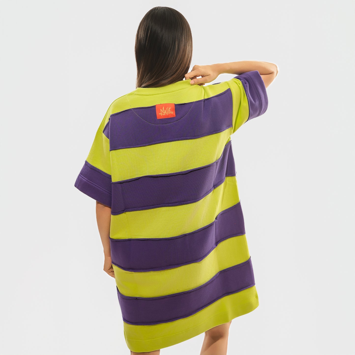 Malle Women's Stripe Print T-Shirt Dress-Purple and Lime